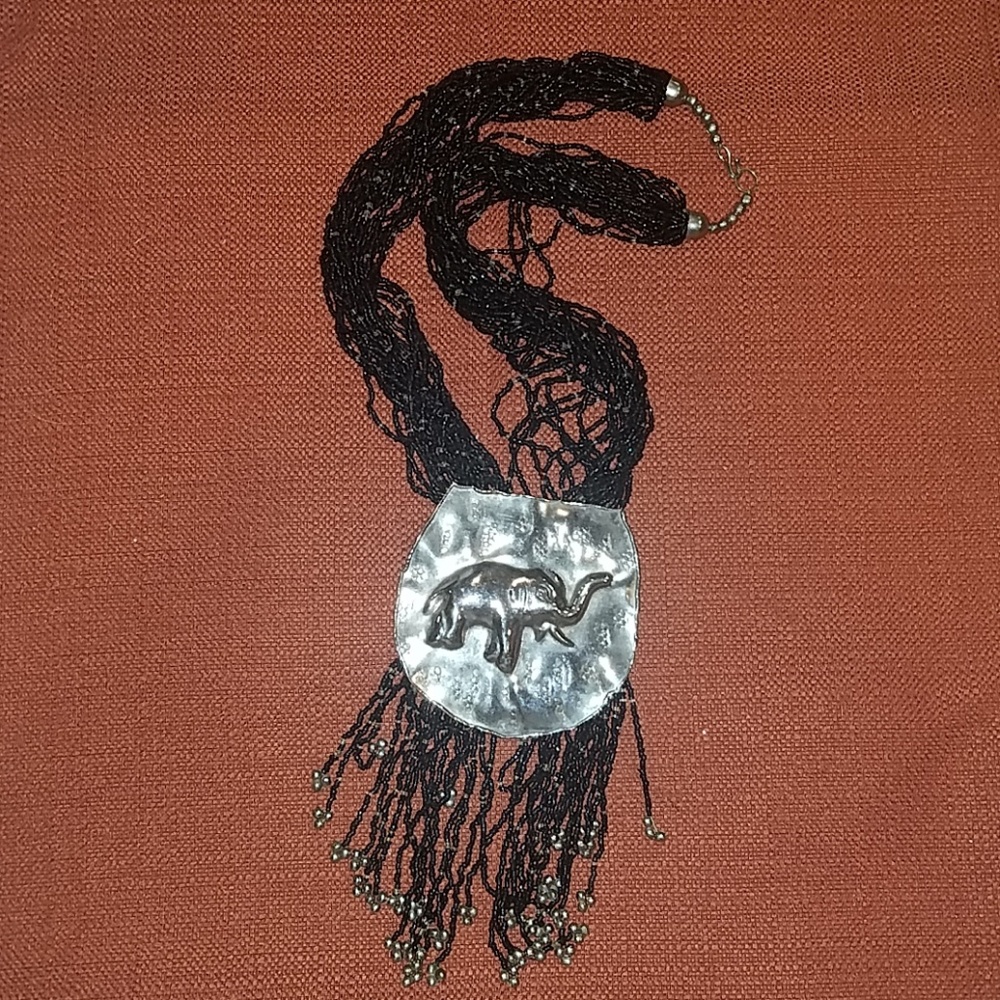 Vintage Elephant Black and Silver Bead Necklace
